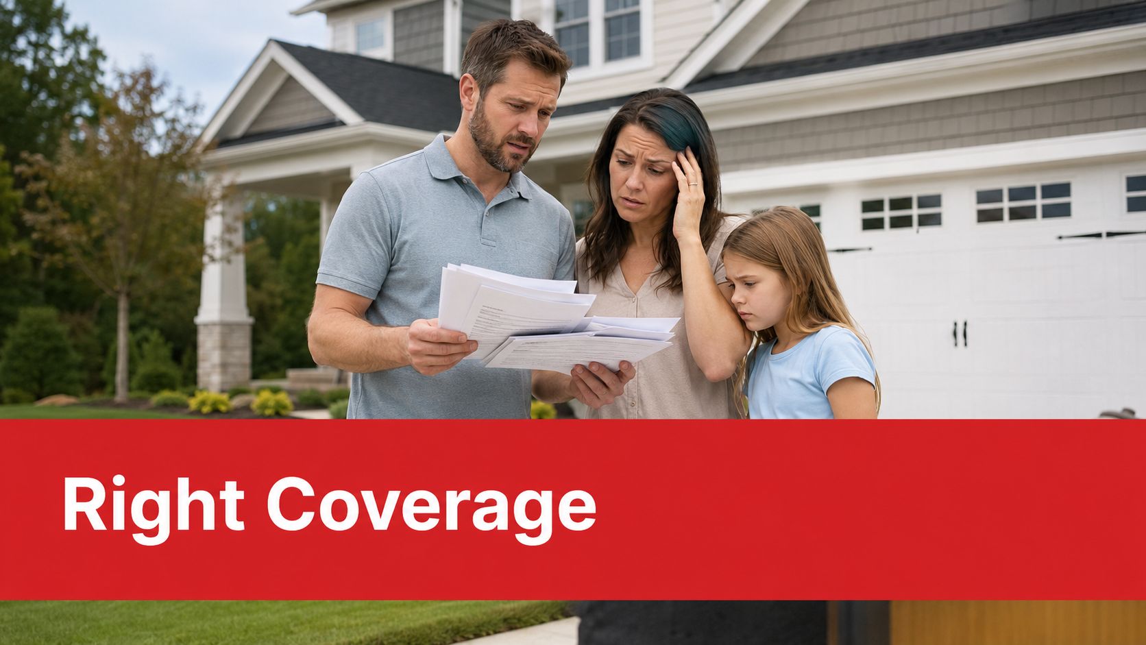 A concerned family reviewing insurance documents while standing in front of their suburban home.