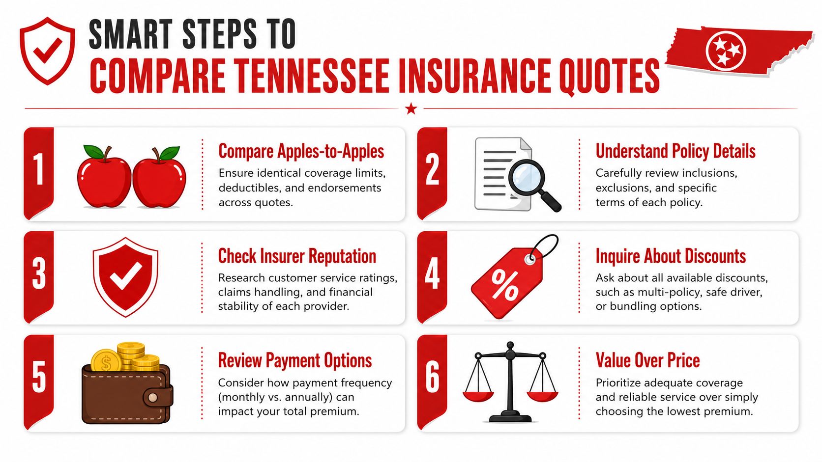 A helpful infographic showing six smart steps to compare insurance quotes for residents of Tennessee.