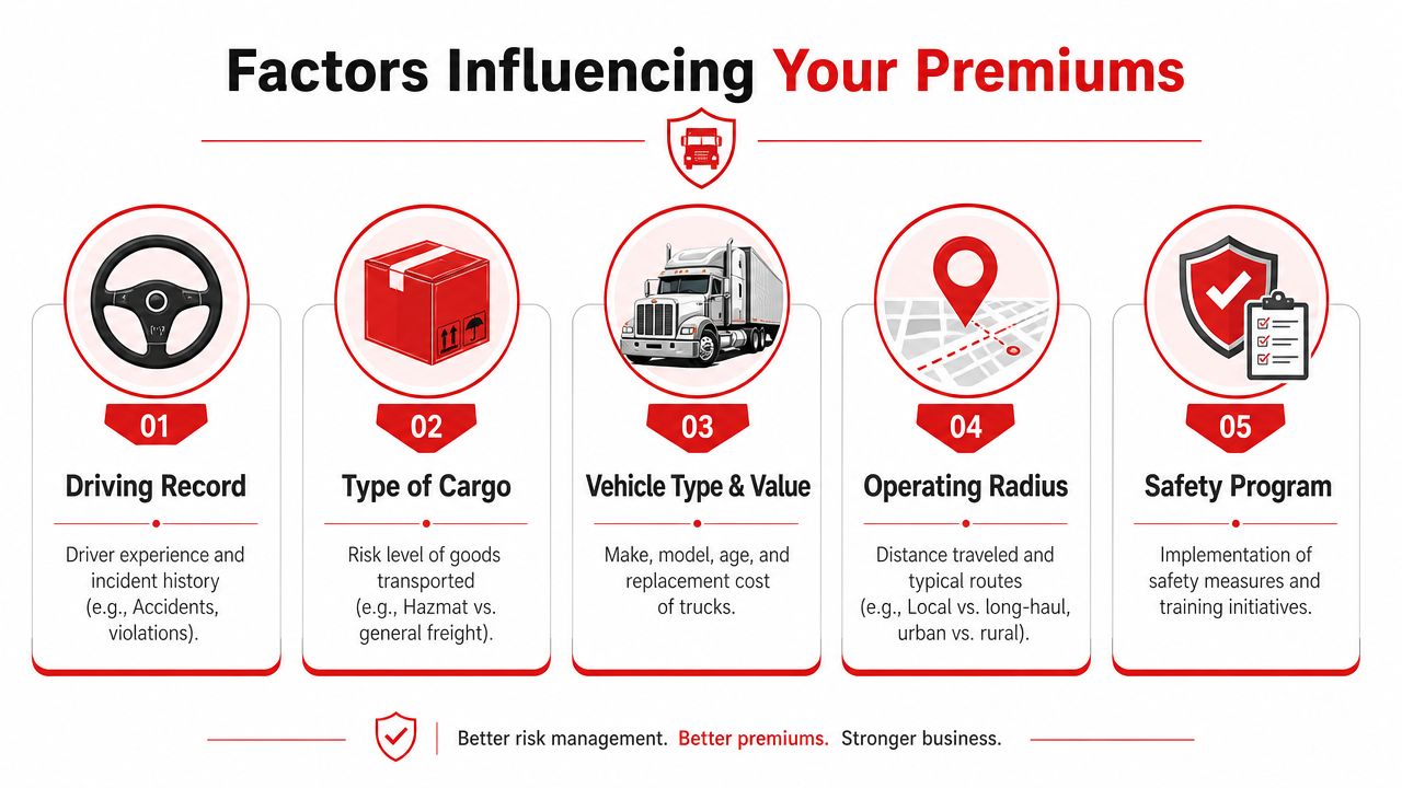 An infographic showing five key factors influencing trucking insurance premiums, including driving record and cargo type.