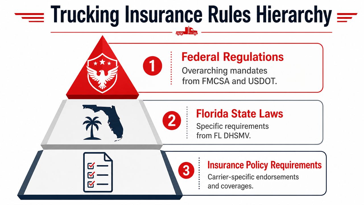 A hierarchical pyramid graphic illustrating the three levels of trucking insurance regulations in Florida.