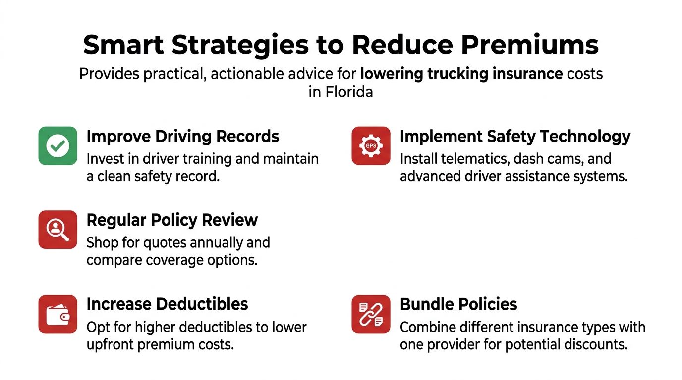A list of smart strategies to reduce trucking insurance premiums in Florida, featuring practical tips for fleet owners.