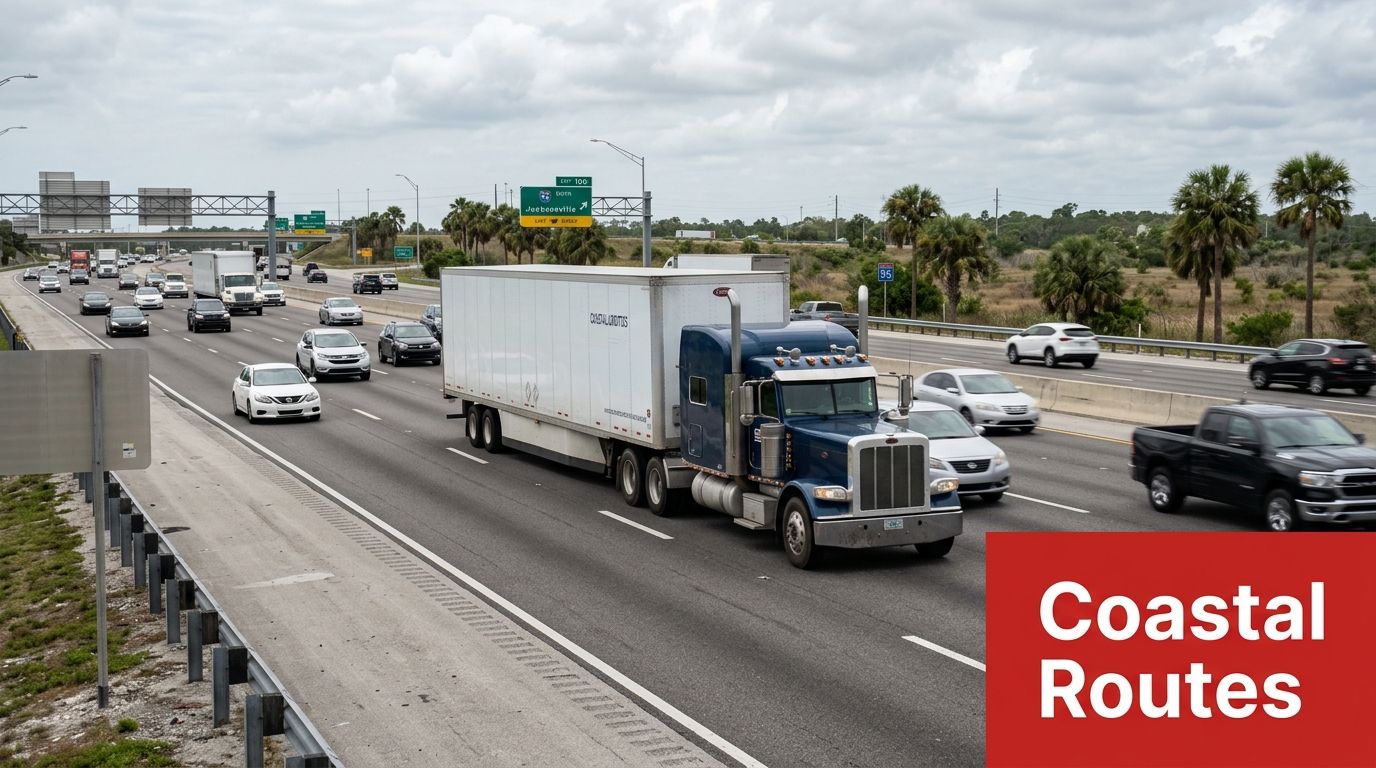 A blue semi-truck driving on a busy Florida highway with other cars and palm trees visible.
