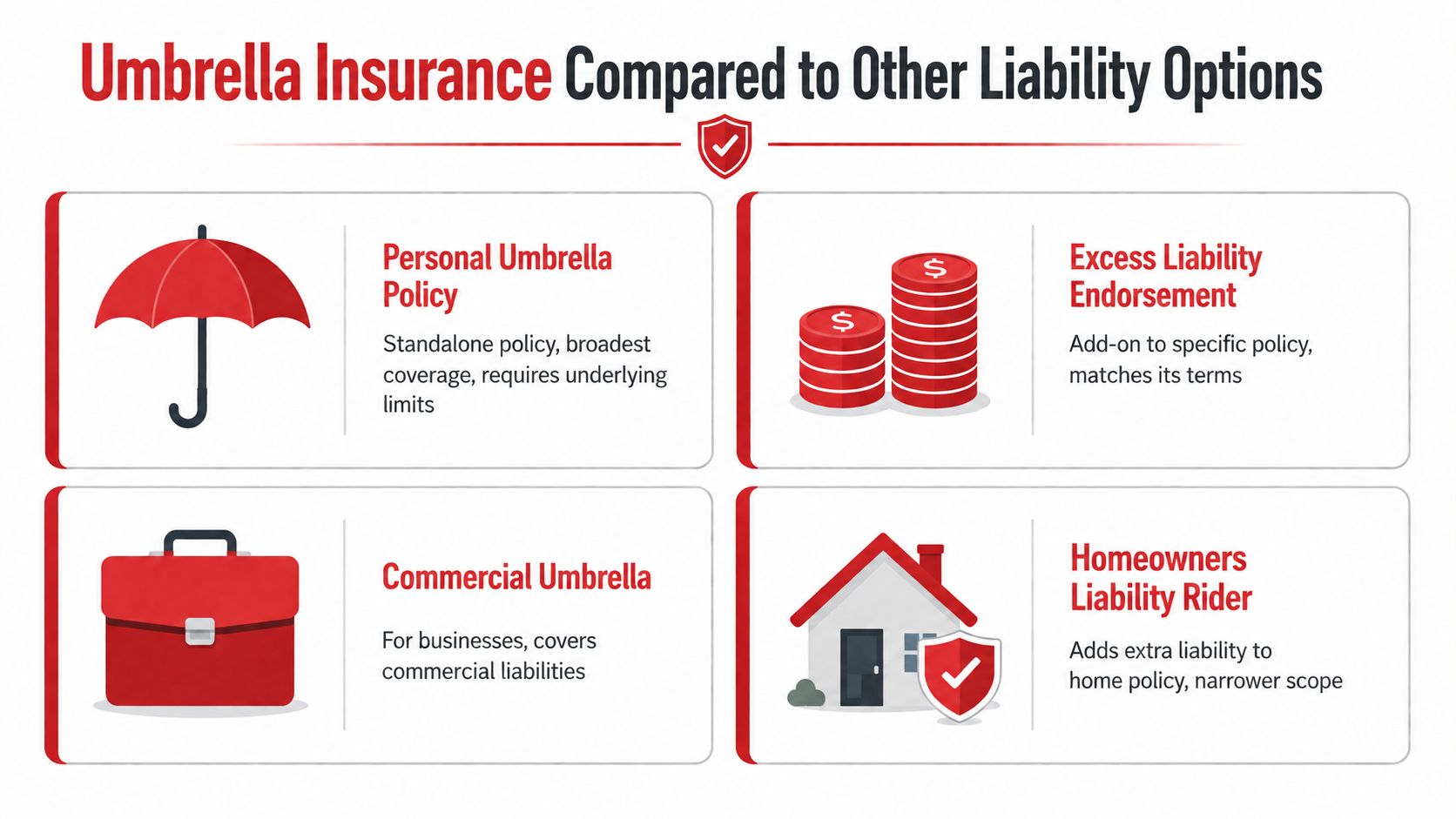 A comparison chart showing personal umbrella policy, commercial umbrella, excess liability endorsement, and homeowners liability rider.