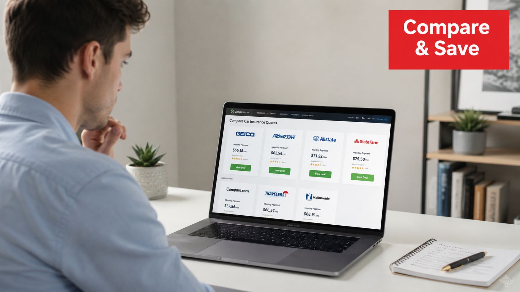 A person viewing an online car insurance comparison website on a laptop screen while working from home.