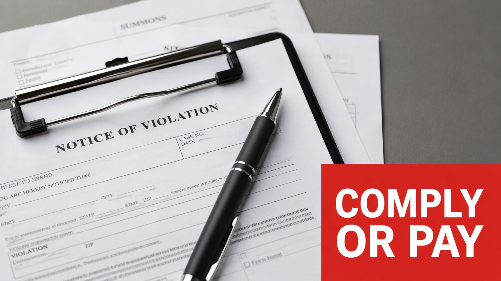 A clipboard with a notice of violation form and a pen resting on a grey background.