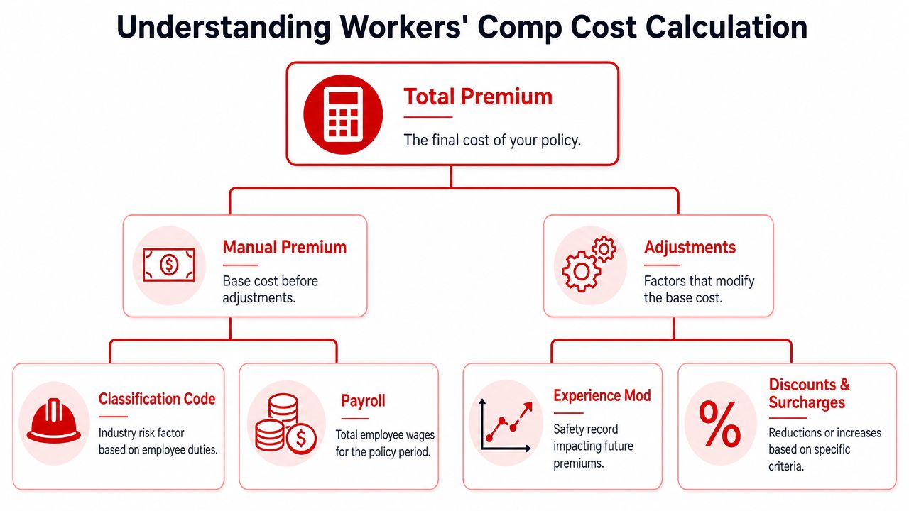 A flowchart explaining how workers compensation insurance premiums are calculated through manual premiums and various policy adjustments.