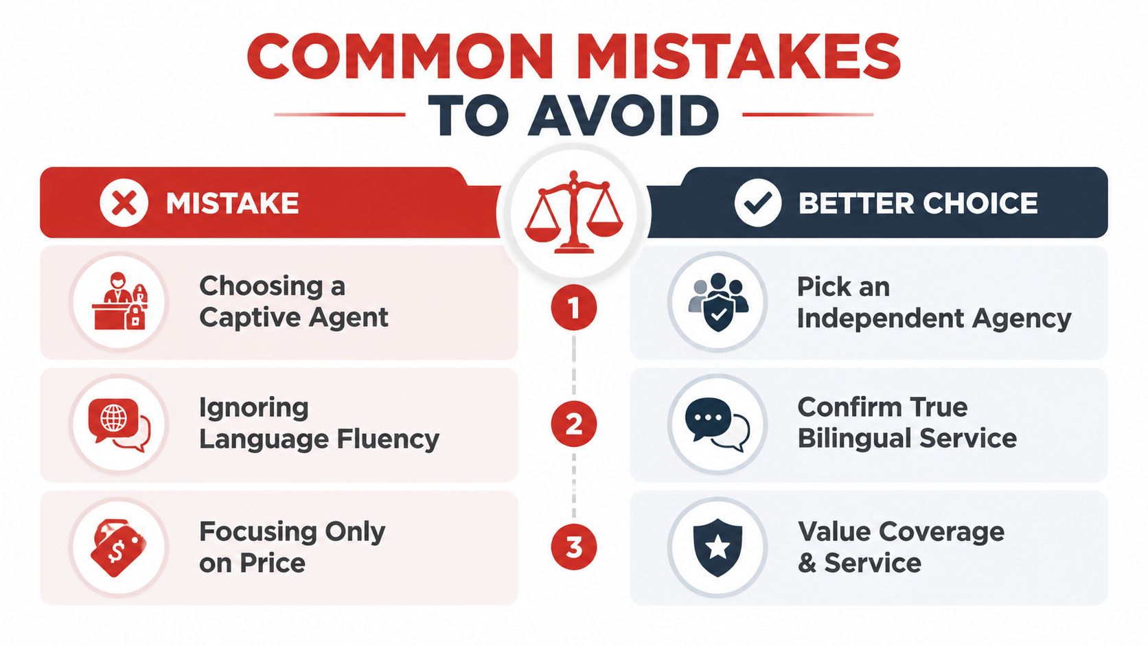 A comparison chart showing common insurance mistakes to avoid versus better choices for informed decision making.