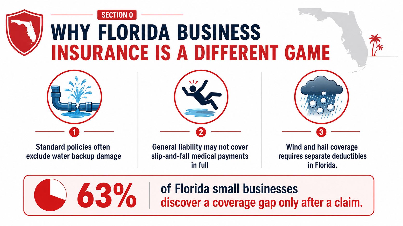 An infographic detailing why business insurance in Florida is complex, highlighting coverage gaps for water damage, liability, and wind.