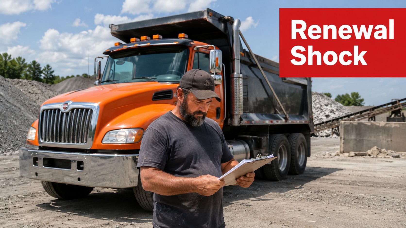 A construction worker with a beard reviews documents in front of an orange dump truck at a quarry.
