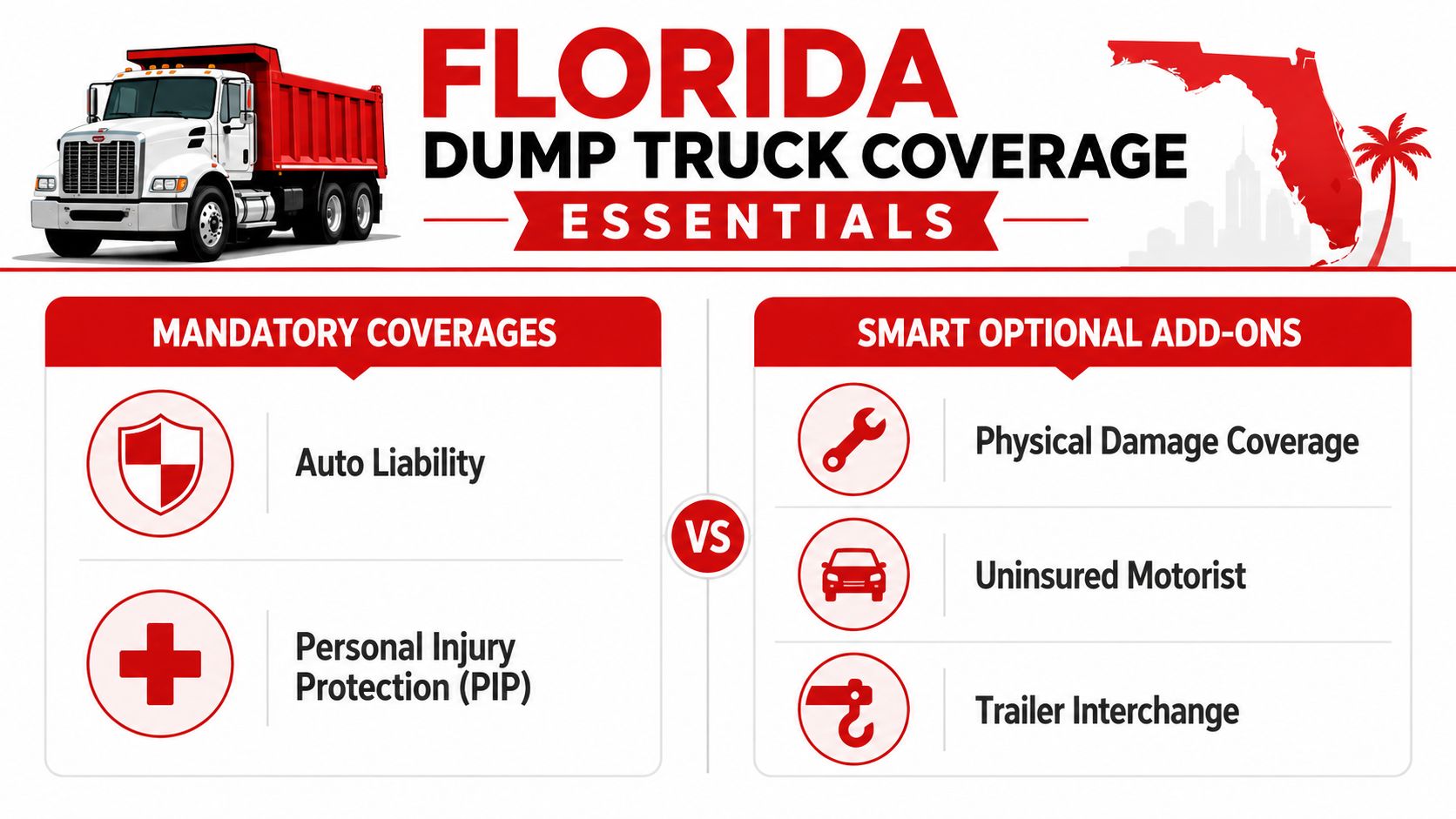 A graphic illustration detailing essential and optional insurance coverage types for dump trucks operating in Florida.