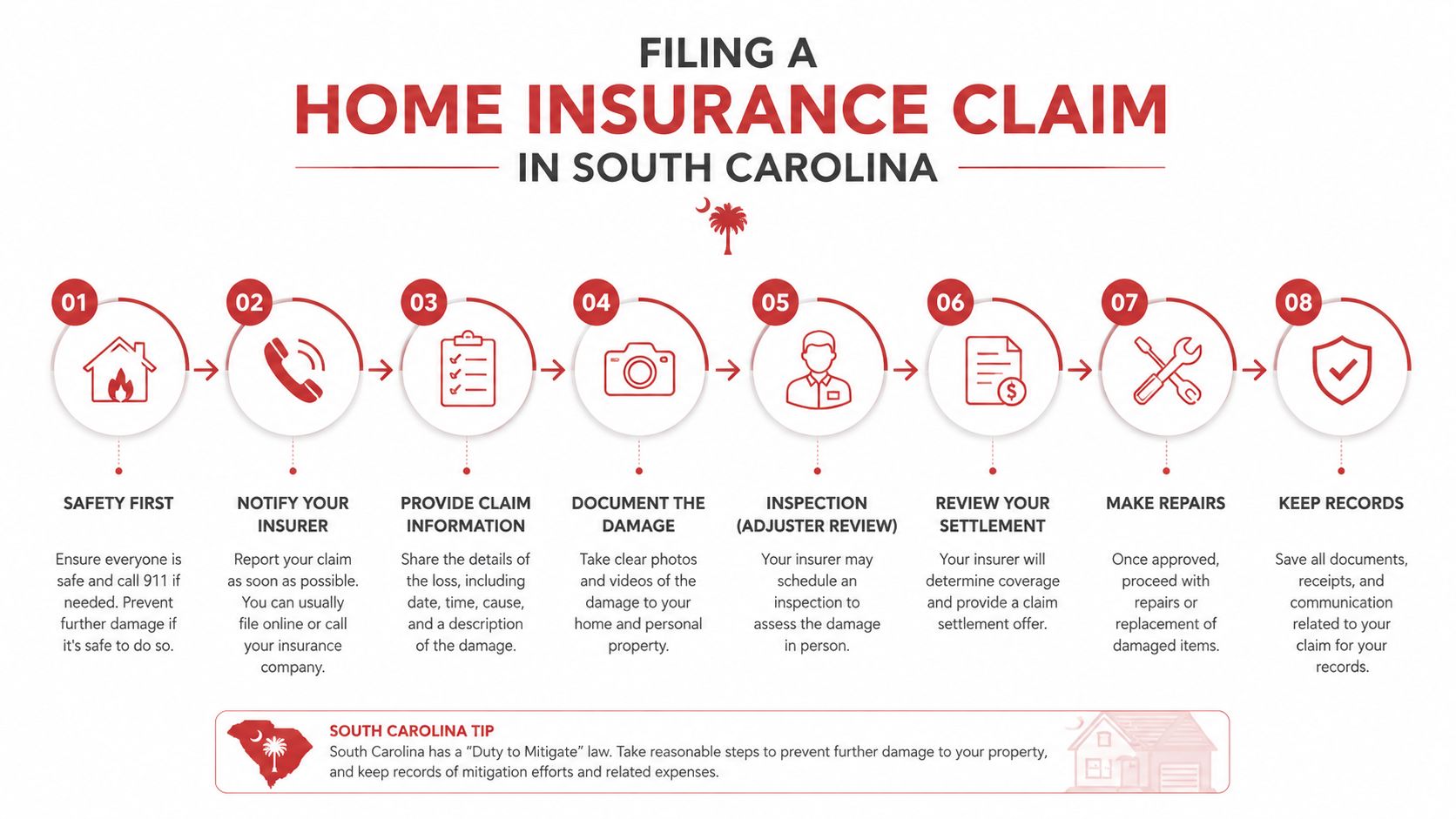 A step-by-step infographic showing how to file a home insurance claim in South Carolina, from safety to record keeping.