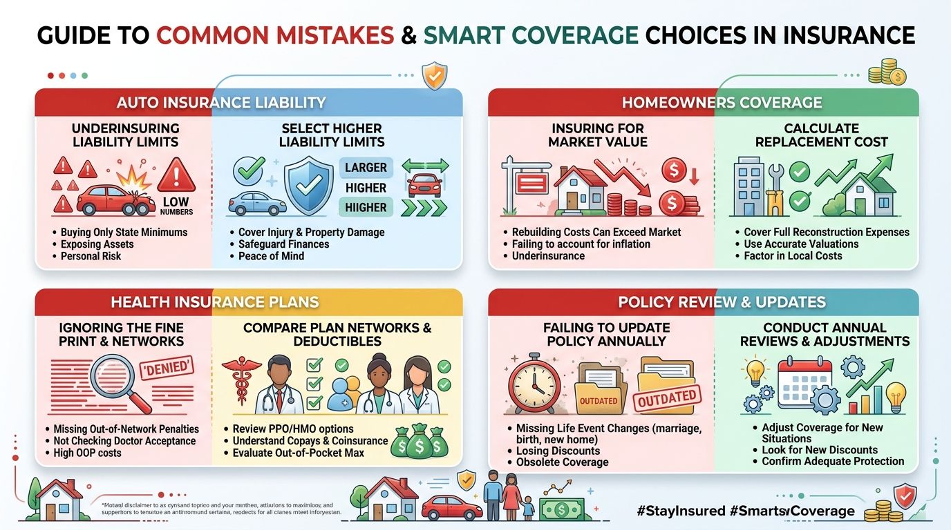 A visual guide outlining common insurance mistakes and smart coverage choices for homes, autos, and health policies.