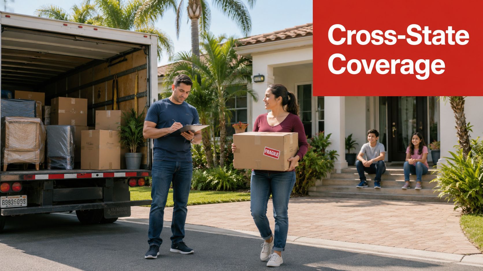 A moving company representative checking a clipboard as a woman carries a fragile box near a house.