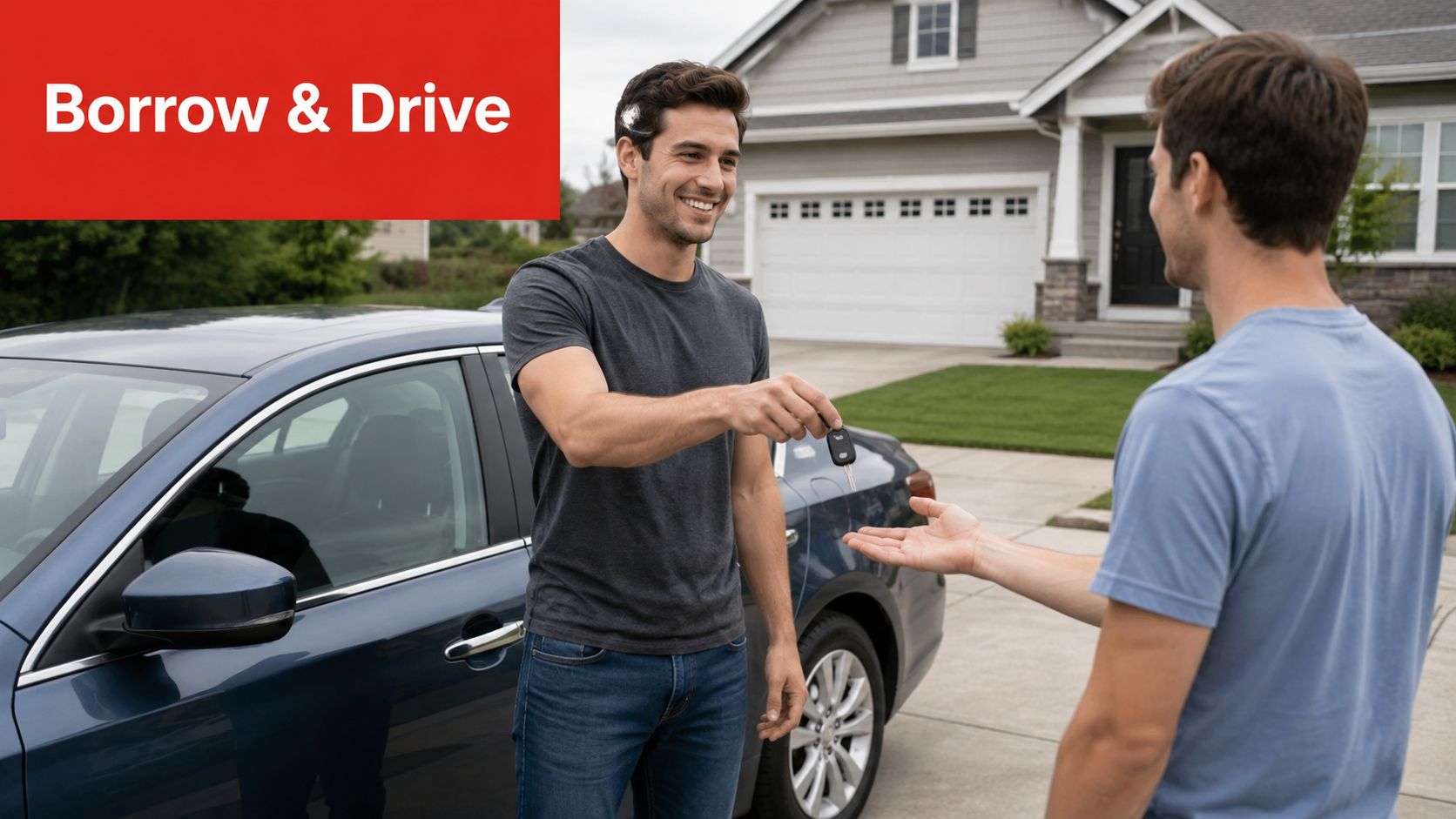 A man handing car keys to another man in front of a house and a blue car.