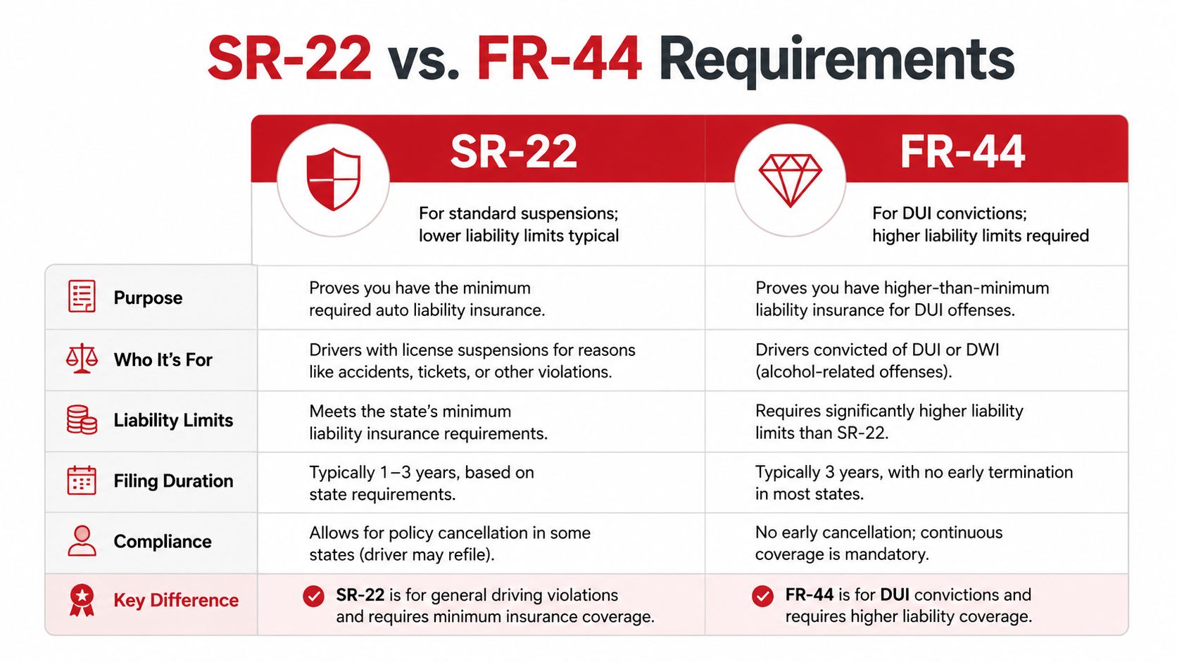 A comparison chart outlining the differences between SR-22 and FR-44 insurance requirements for drivers.