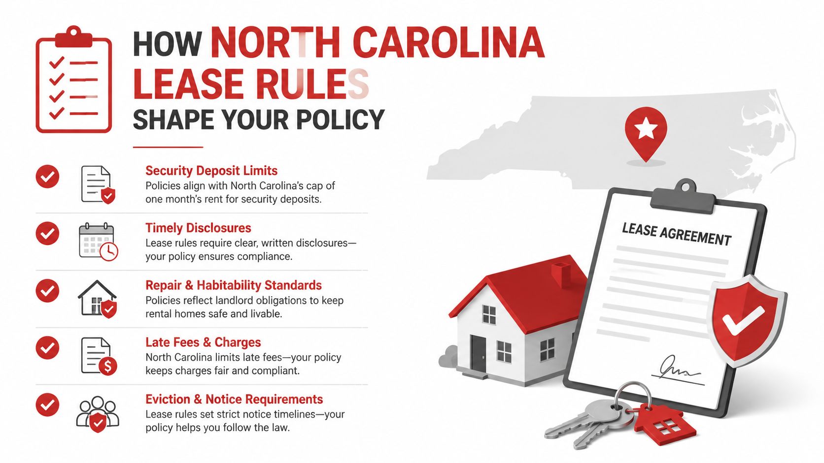 A visual guide summarizing North Carolina rental lease regulations, including security deposits, repairs, and eviction notices.