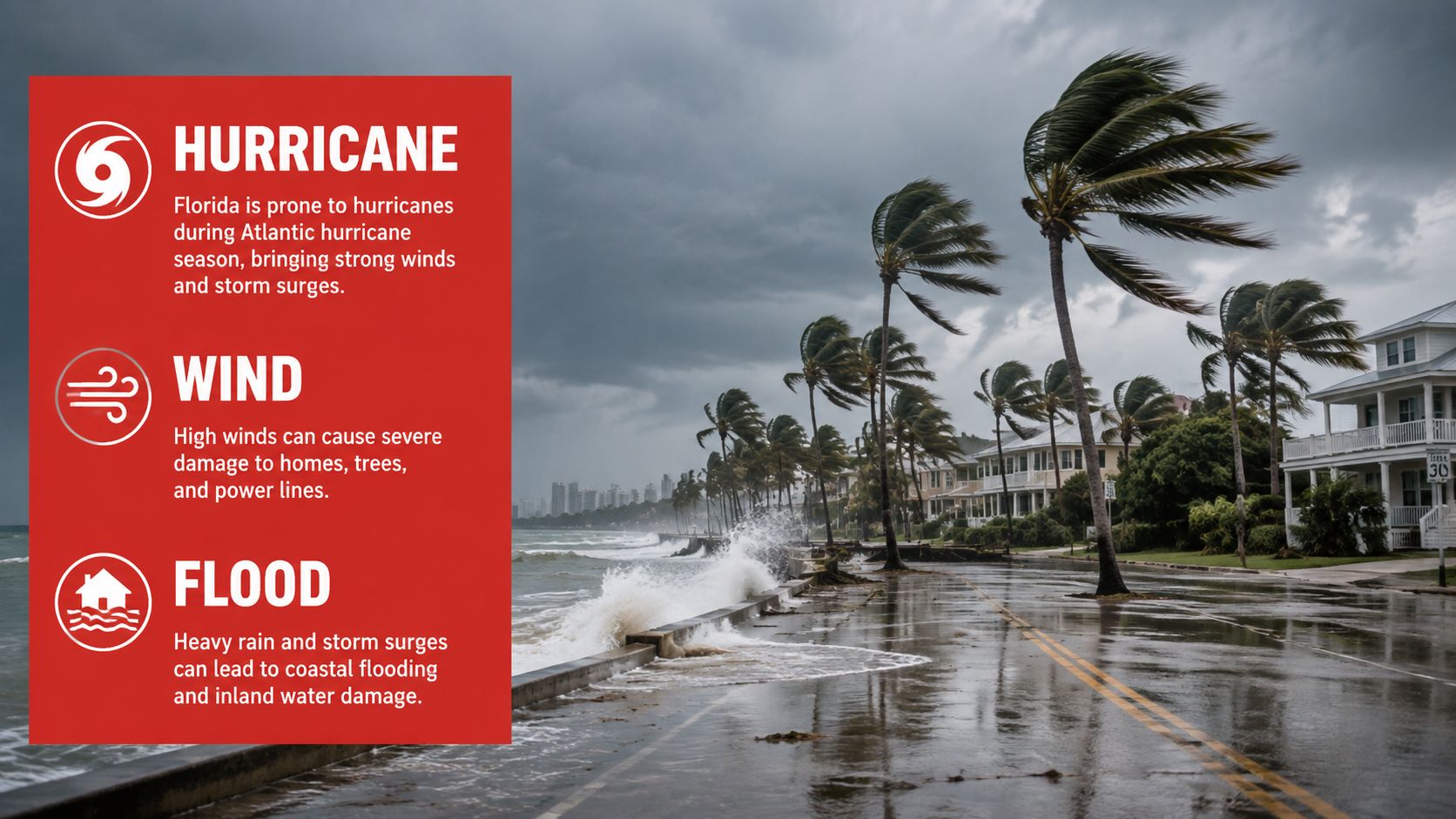 A coastal road during a hurricane showing strong winds, high waves, and storm surge flooding in Florida.