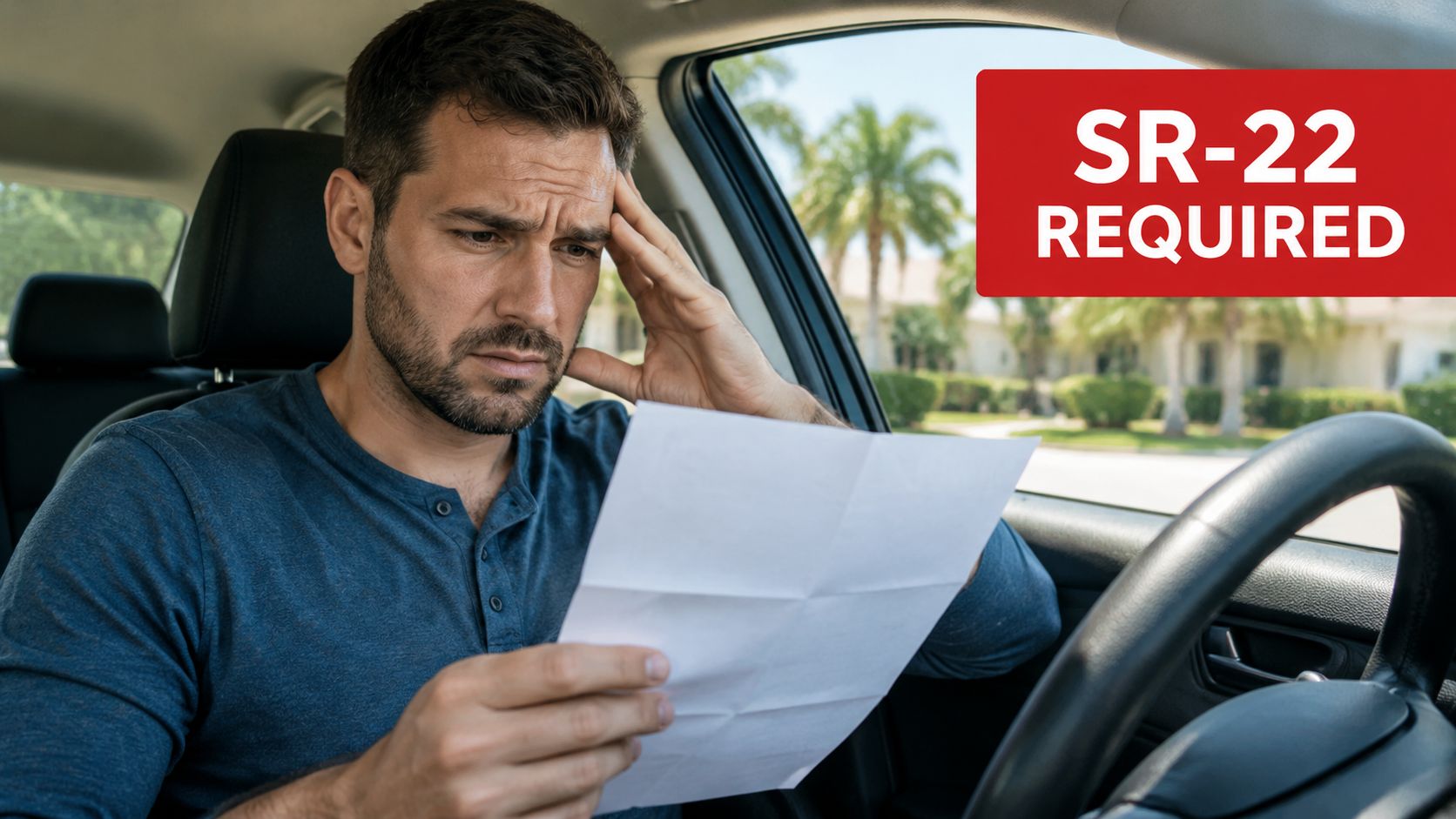 A concerned man sitting in his car while reading a document about SR-22 insurance requirements.