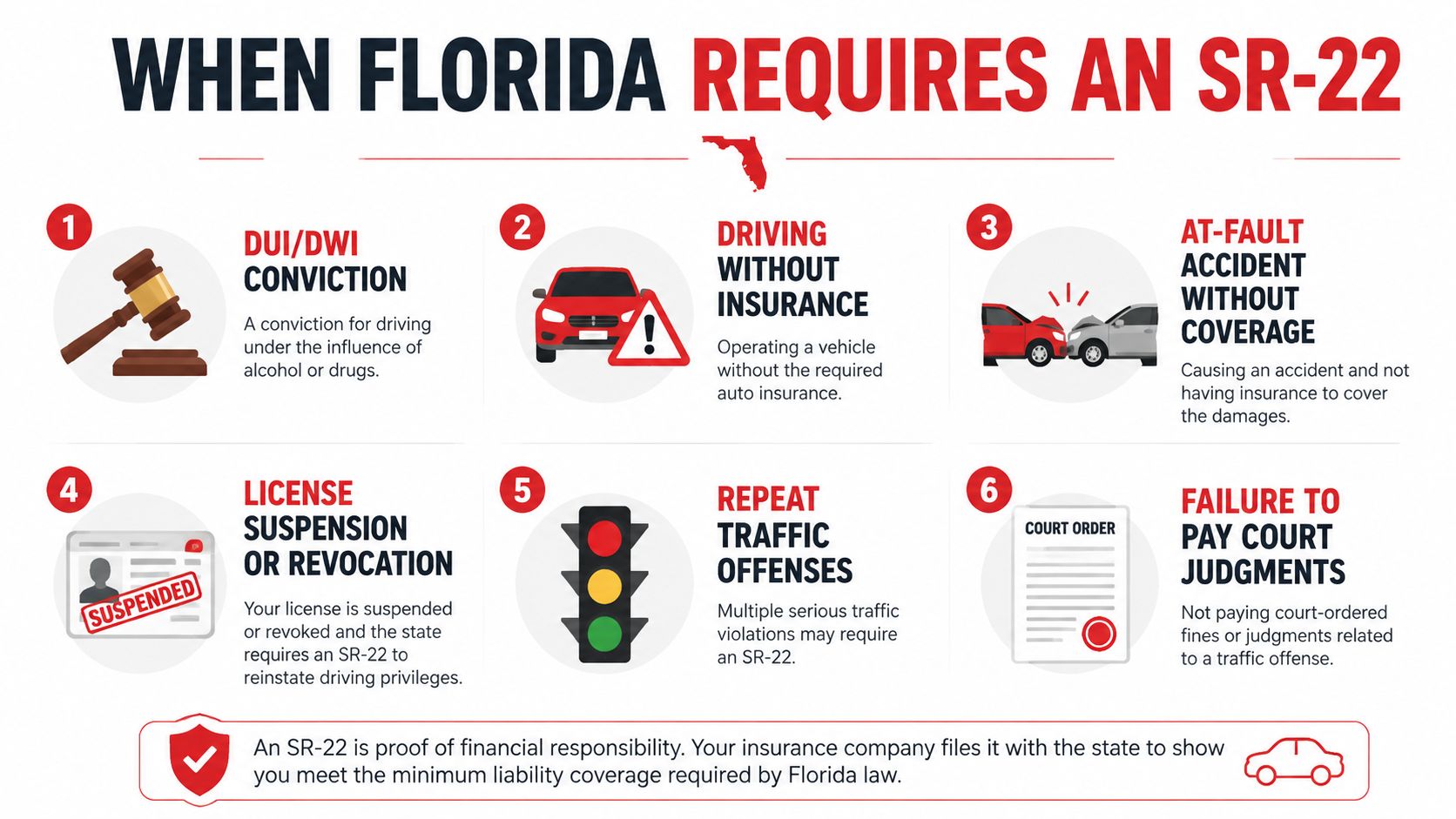 An infographic detailing the six main scenarios in Florida that require drivers to file an SR-22 form.