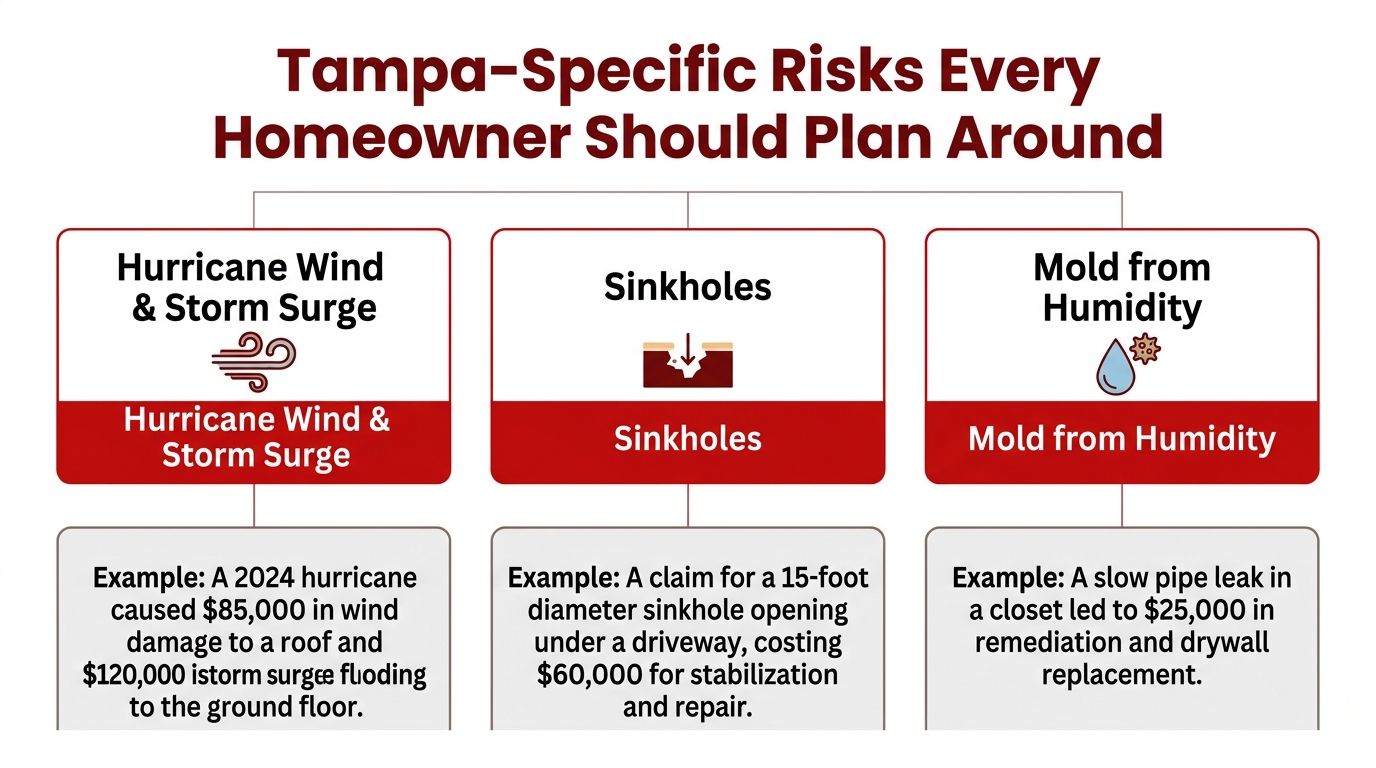 A chart detailing three primary homeowner insurance risks in Tampa: hurricane damage, sinkholes, and mold issues.