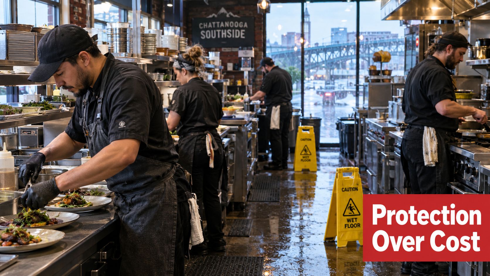 A professional kitchen crew working in a busy restaurant with caution signs on a wet floor.