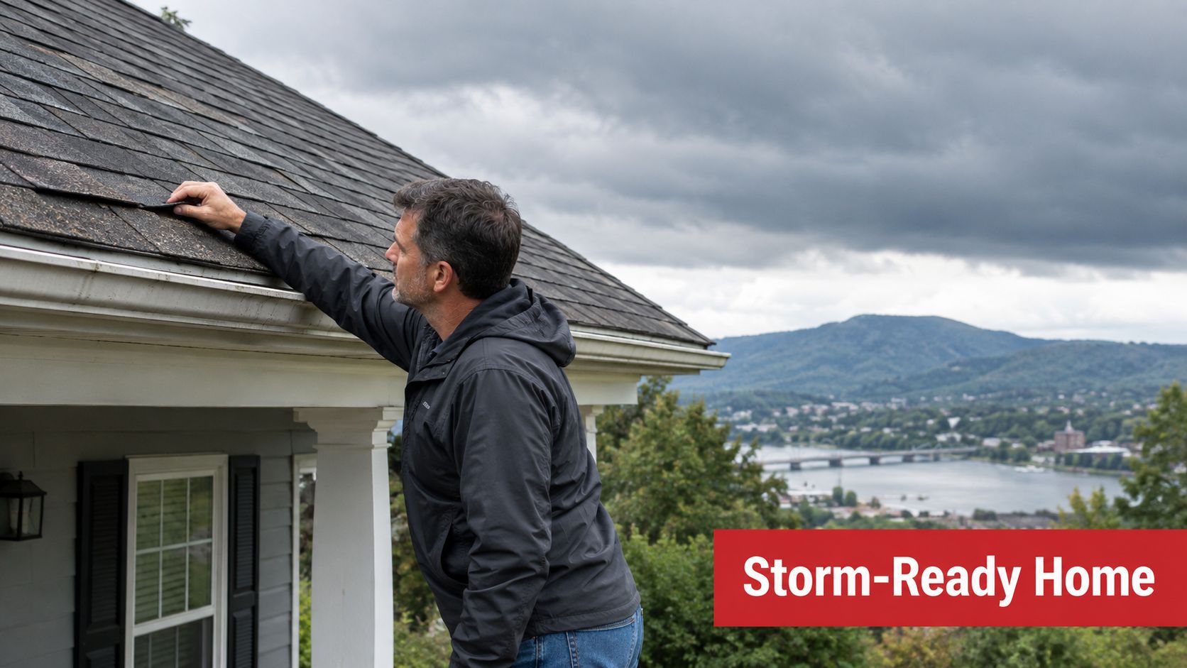 A man wearing a jacket inspecting the shingles on a roof before a storm in Chattanooga.