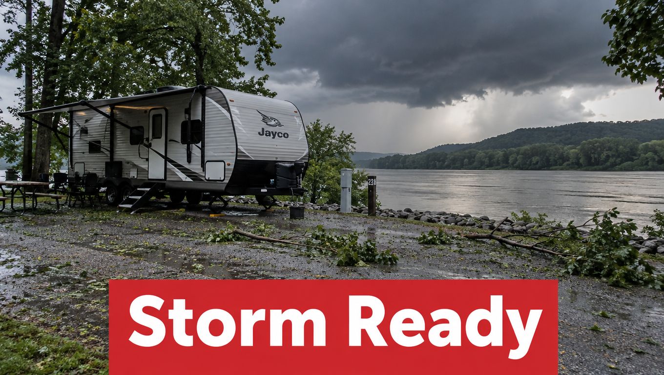 A Jayco travel trailer parked by a river under a dramatic, stormy, and dark cloud-filled sky.