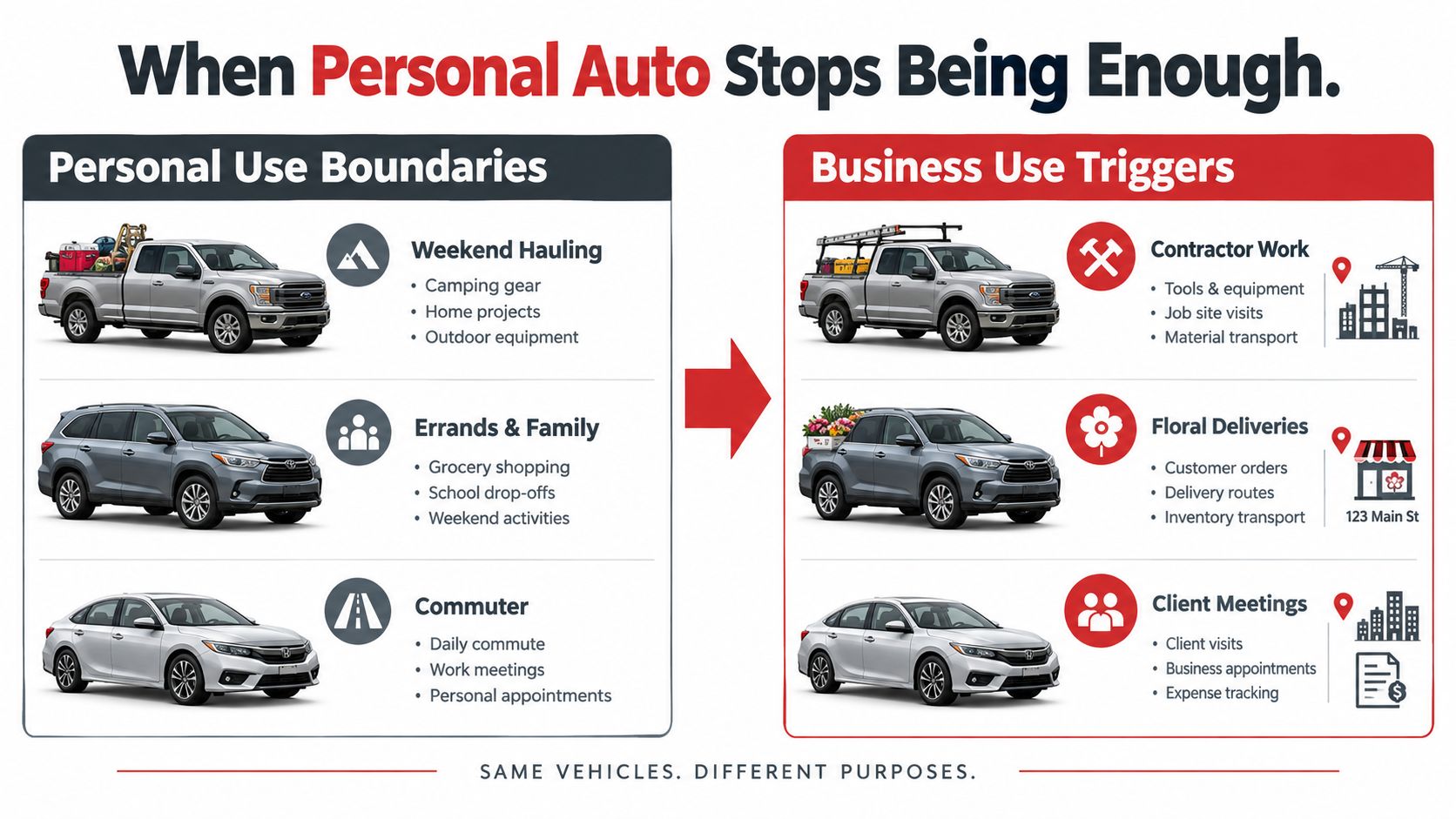 A comparison chart showing how the same vehicles are used for both personal tasks and business activities.