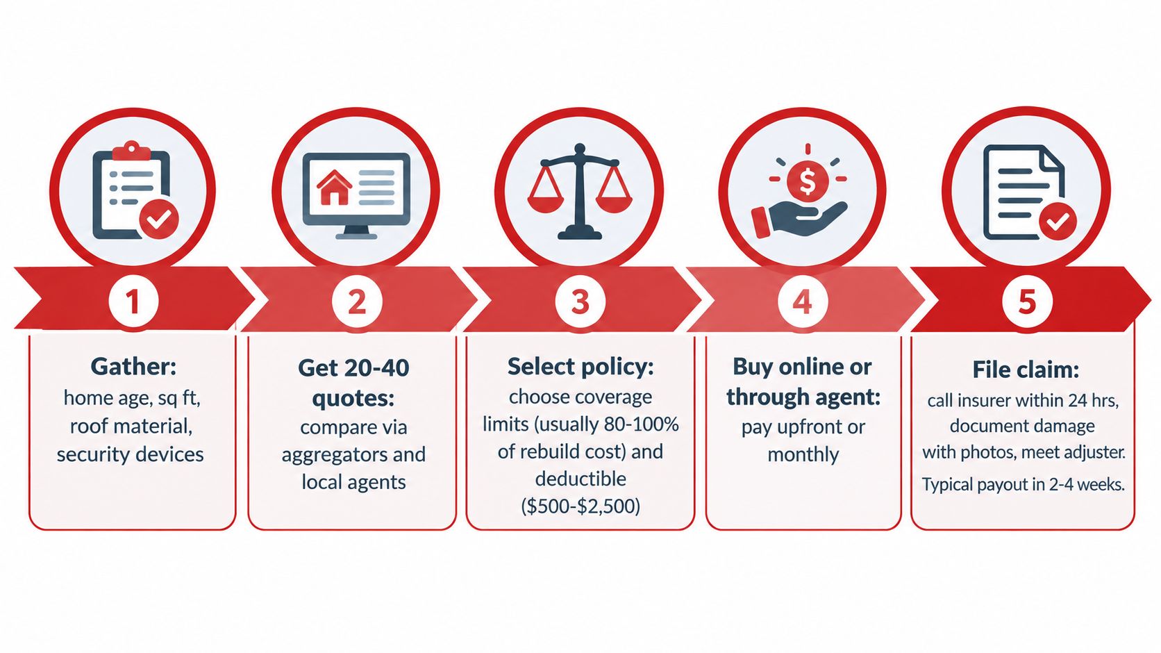 A five step infographic illustrating the home insurance process from gathering information to filing a claim.