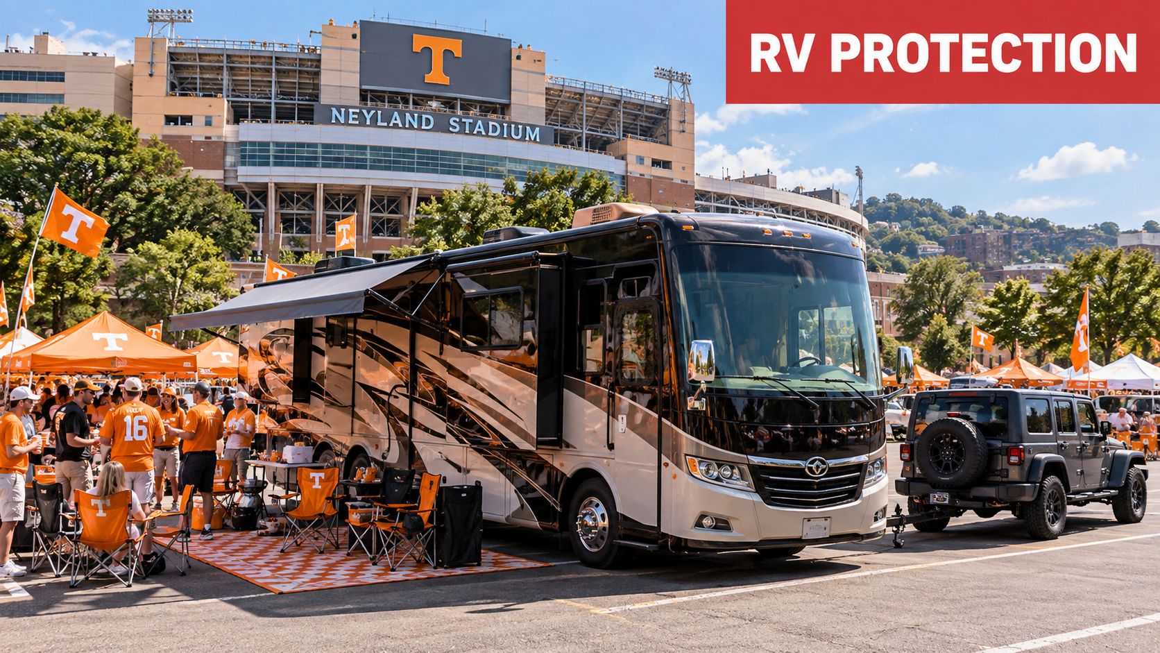 A luxurious recreational vehicle parked at a Tennessee tailgate event with fans near Neyland Stadium.