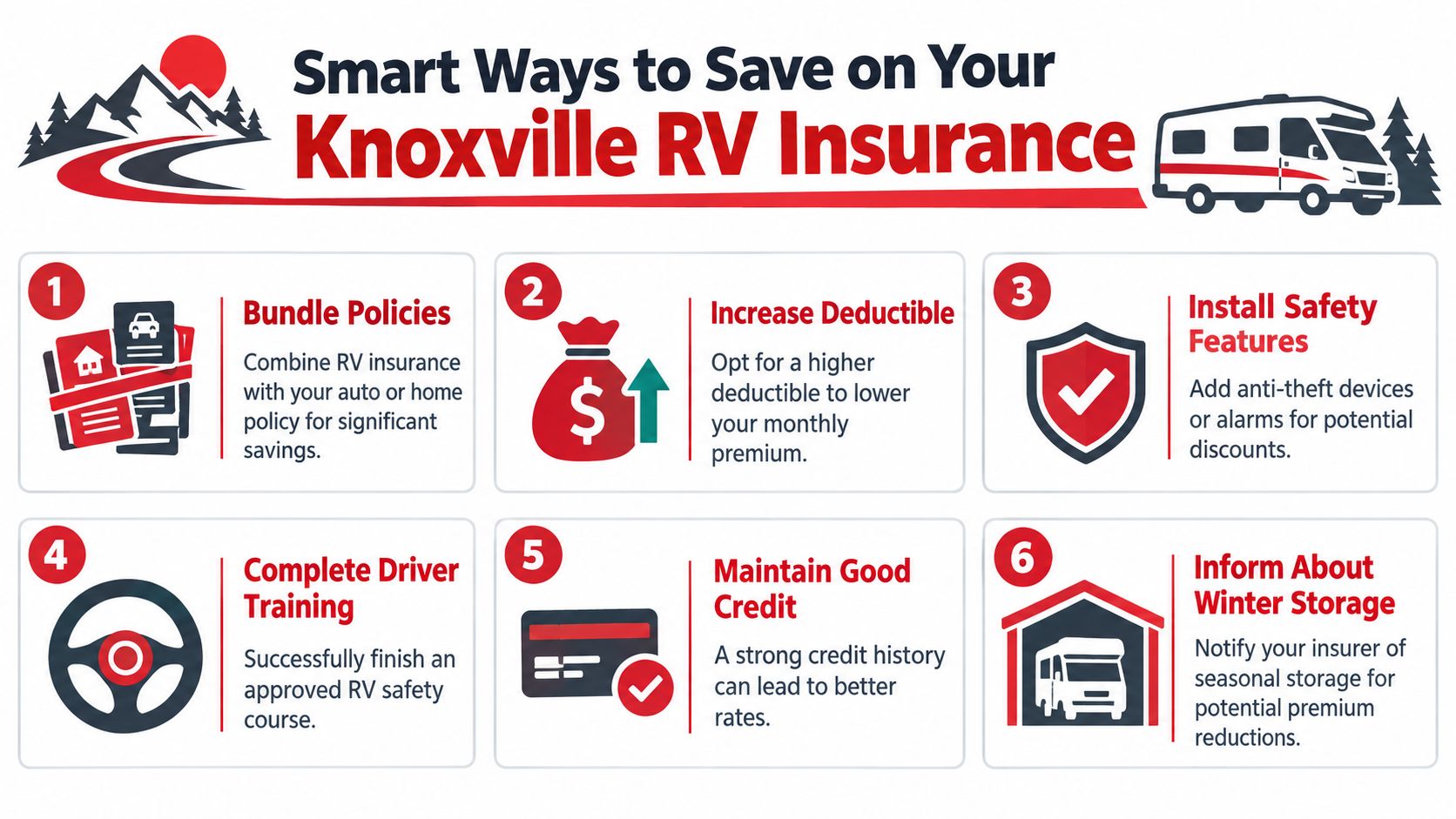 An infographic detailing six effective strategies to save money on your Knoxville recreational vehicle insurance premiums.