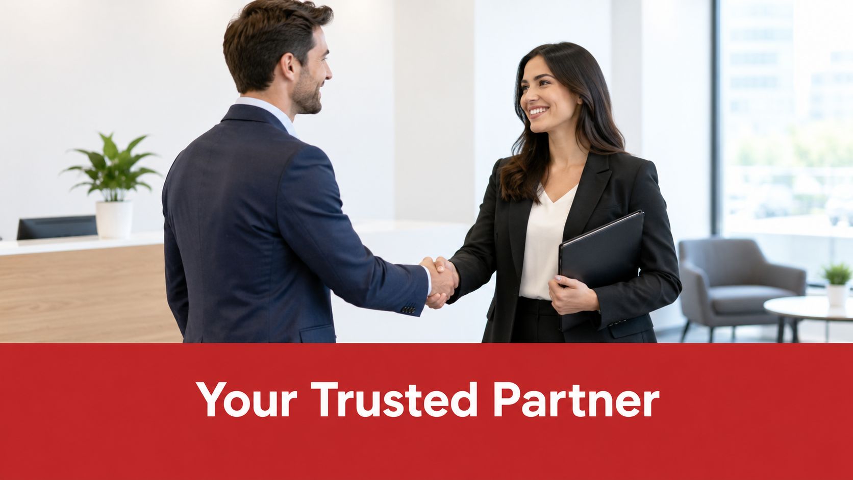 A professional man and woman in business suits shaking hands in a modern office environment.
