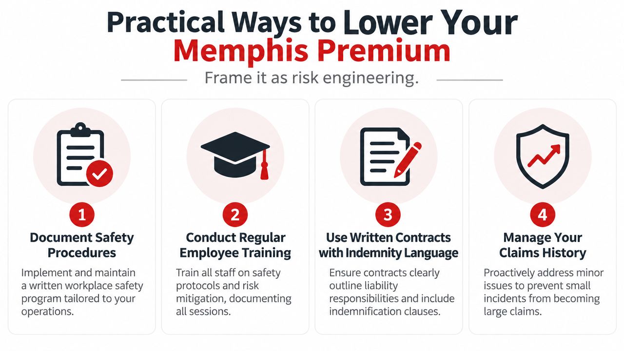 A four-step infographic illustrating practical risk engineering strategies to reduce Memphis general liability insurance premiums effectively.
