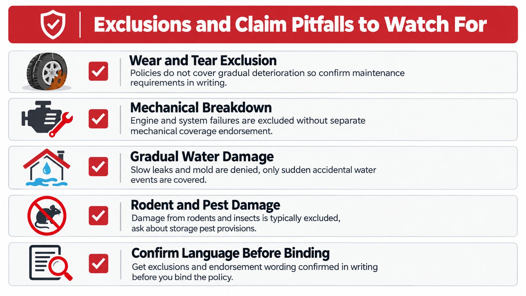 A graphic listing common insurance exclusions and claim pitfalls for recreational vehicle and property owners.