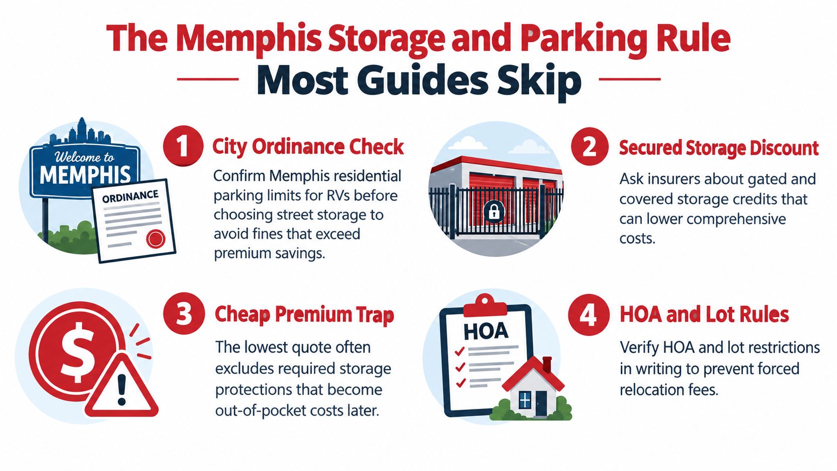 An infographic titled The Memphis Storage and Parking Rule detailing four key tips for RV insurance and storage.