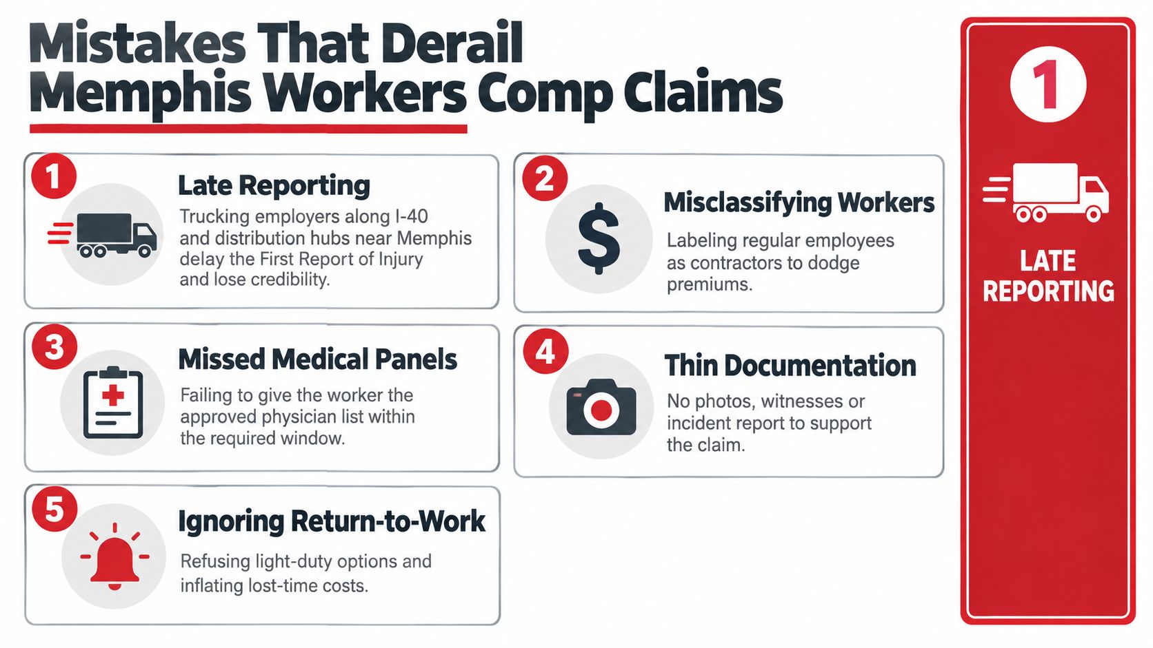 An infographic detailing five common mistakes that can negatively impact workers compensation claims in Memphis.