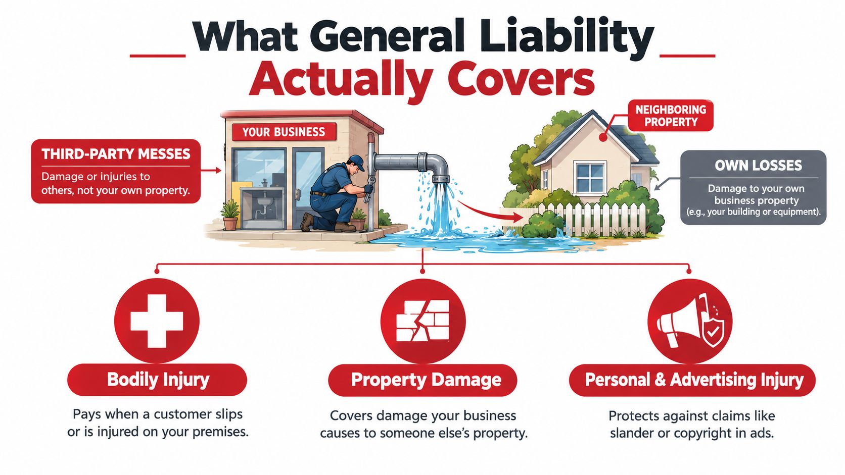 An infographic illustrating what general liability insurance covers, including bodily injury, property damage, and personal injury claims.