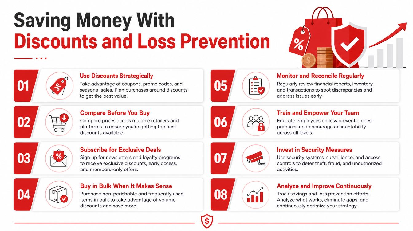 An infographic titled Saving Money With Discounts and Loss Prevention featuring eight numbered business saving tips.