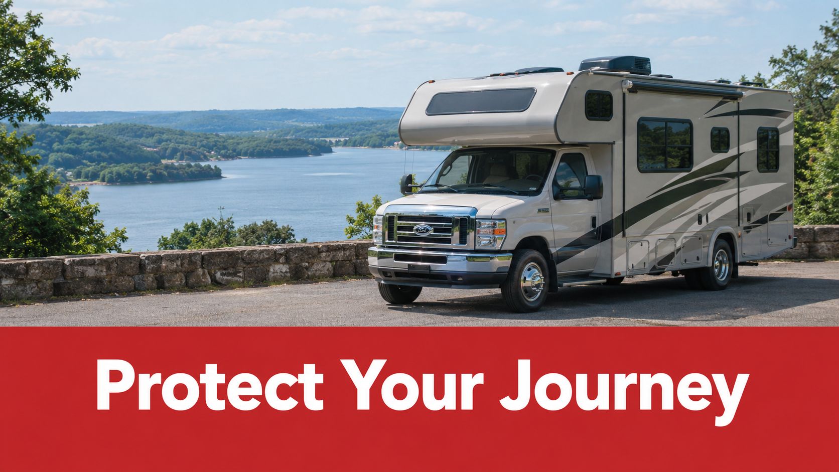 A modern recreational vehicle parked on a scenic overlook above a lake, promoting travel insurance protection.