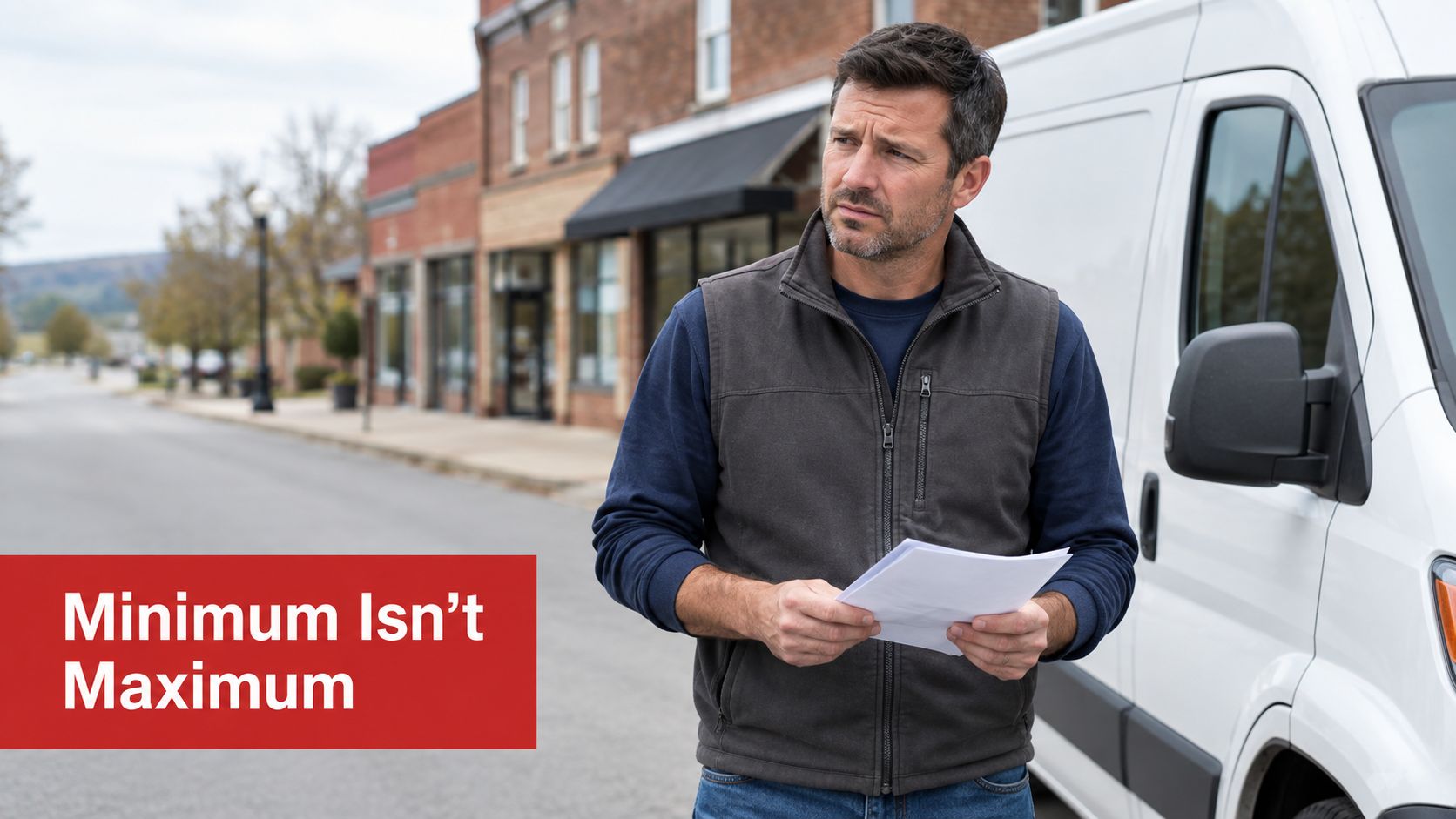A concerned delivery driver standing beside his white van holding paperwork on a quiet town street.