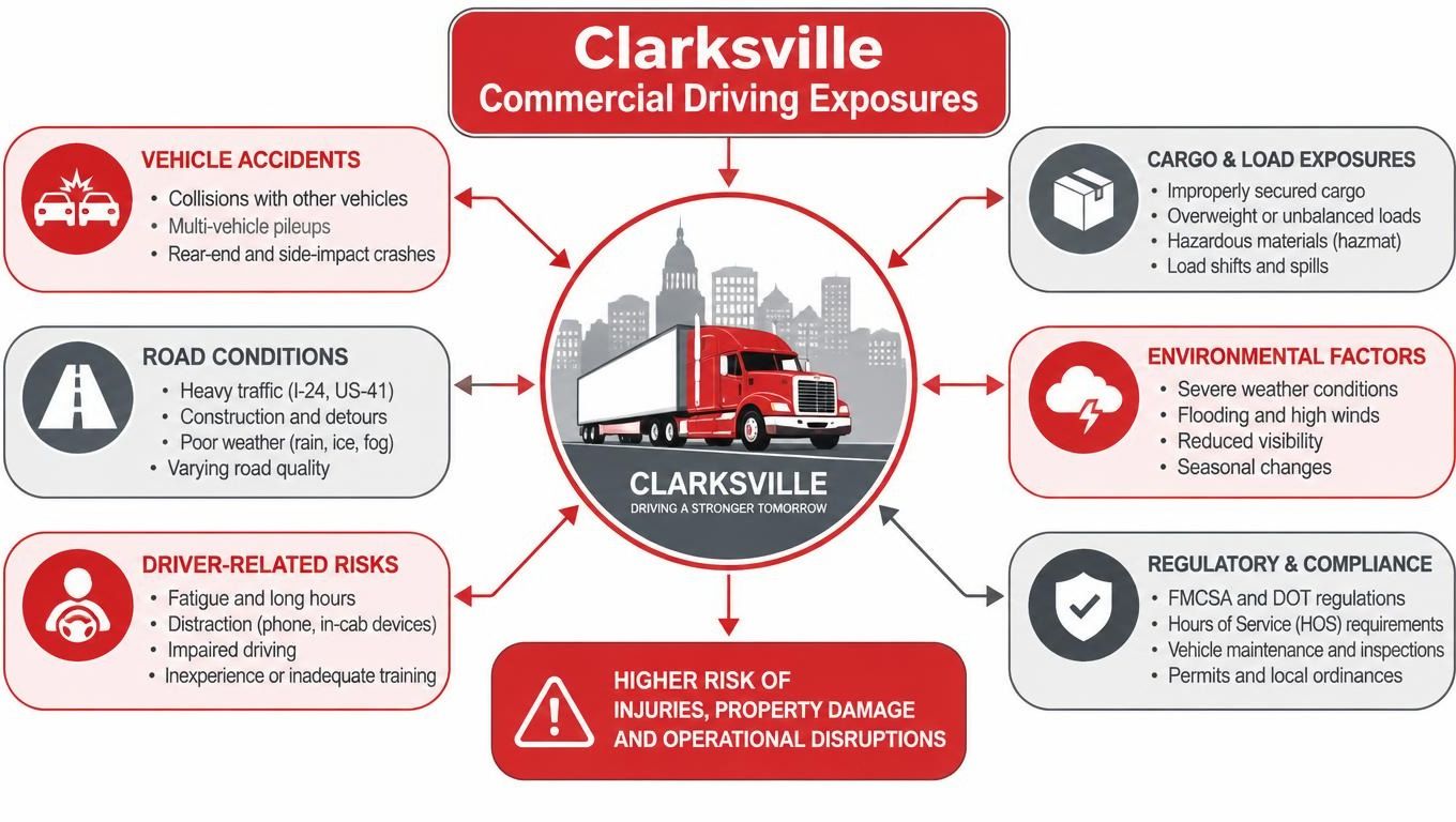 A diagram illustrating commercial driving risks in Clarksville, including vehicle accidents, road conditions, driver risks, and cargo issues.