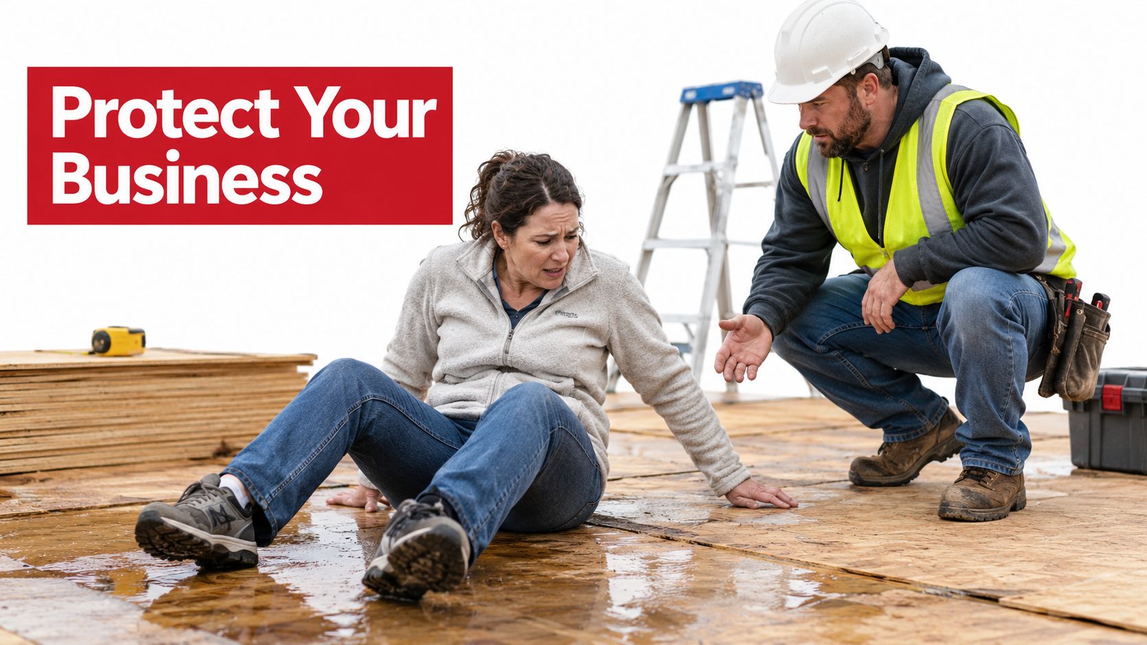 A construction worker helps a woman who has slipped and fallen on a wet, wooden floor surface.