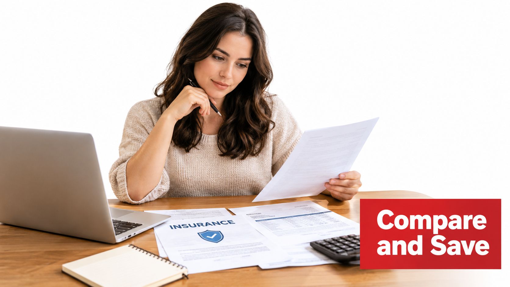 A woman reviewing insurance documents at a desk with a laptop to compare and save on policies.