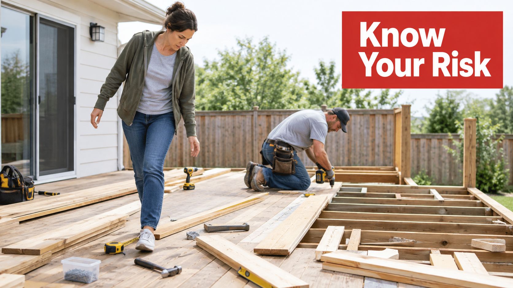 A woman and a contractor building a wooden deck in a backyard setting, focusing on construction safety.