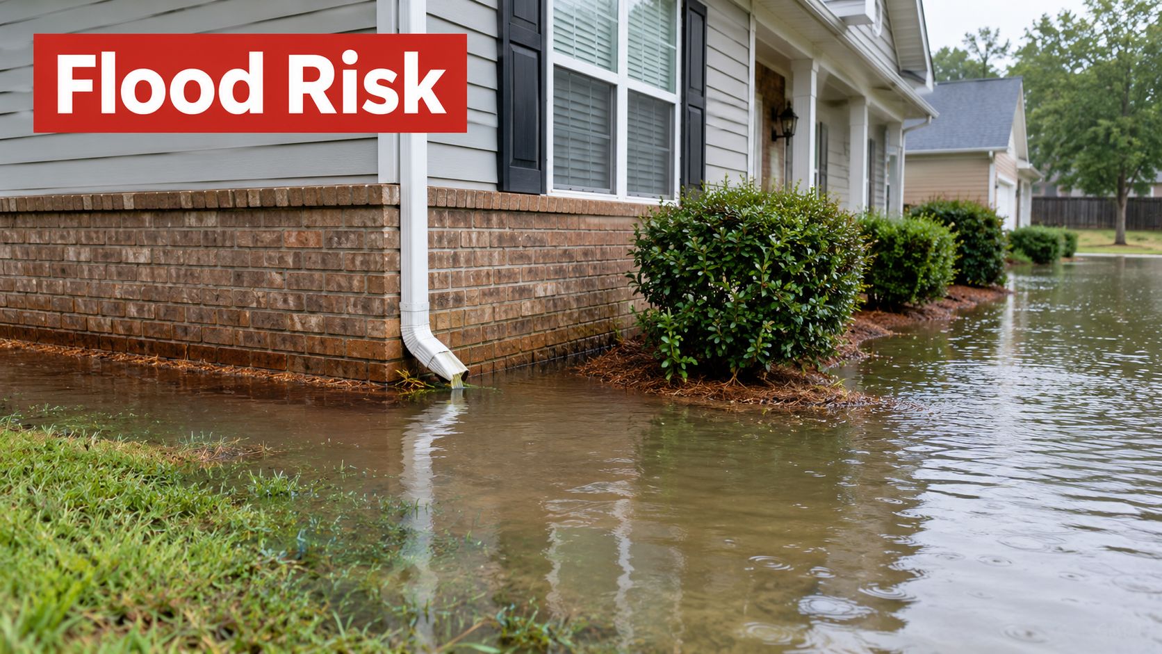 A house exterior partially surrounded by floodwaters, illustrating potential home damage and the importance of flood insurance.