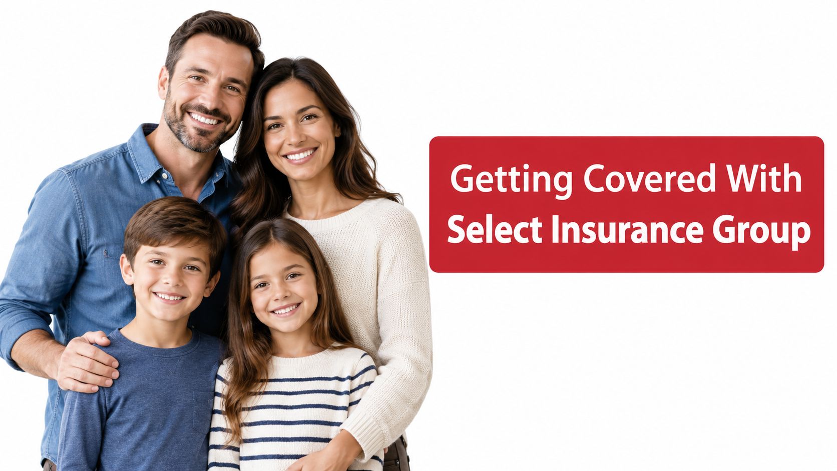 A happy family of four smiling together, posing for a portrait against a white background.