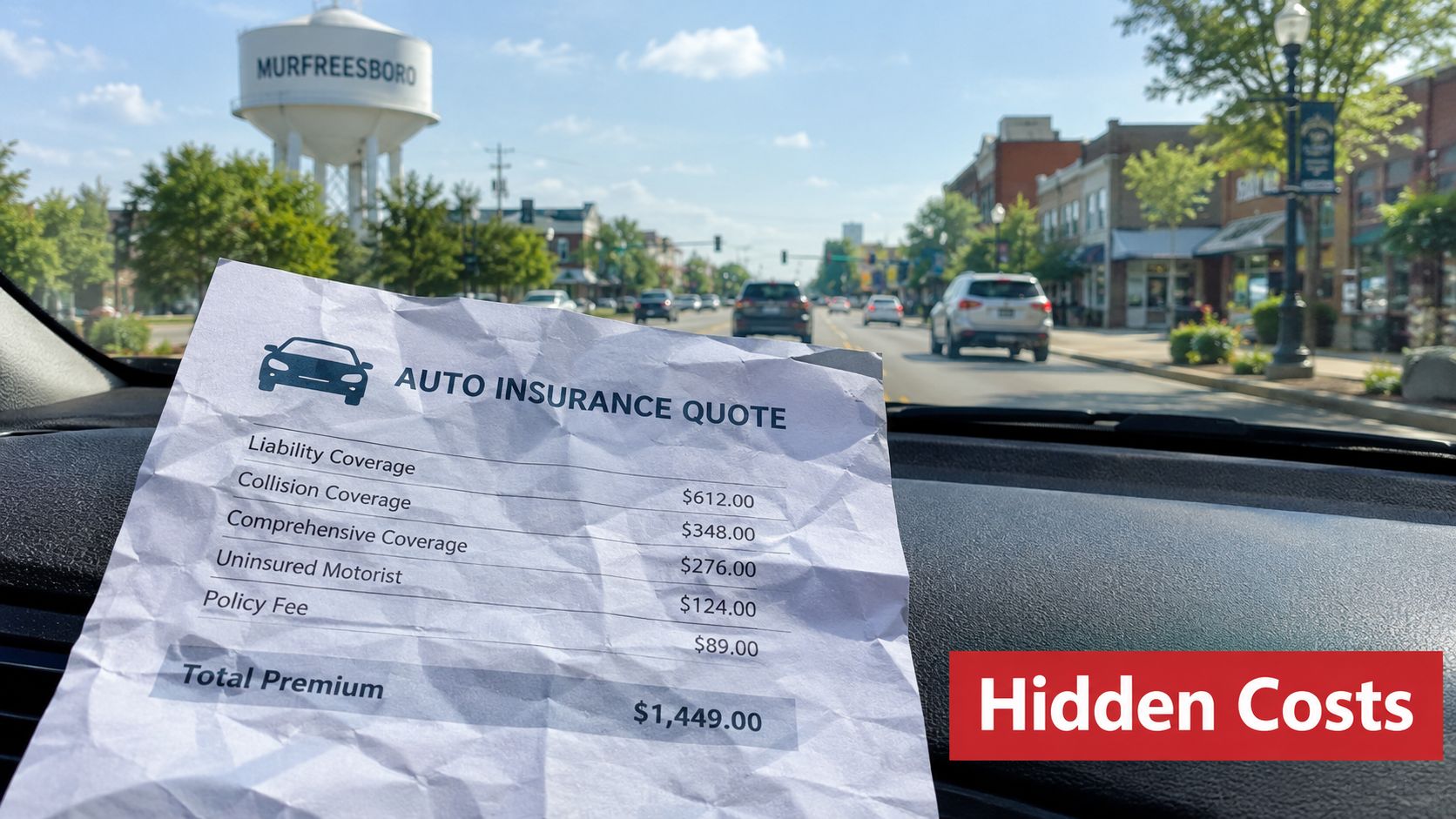 An auto insurance quote showing costs for various coverage options, displayed inside a car in Murfreesboro.