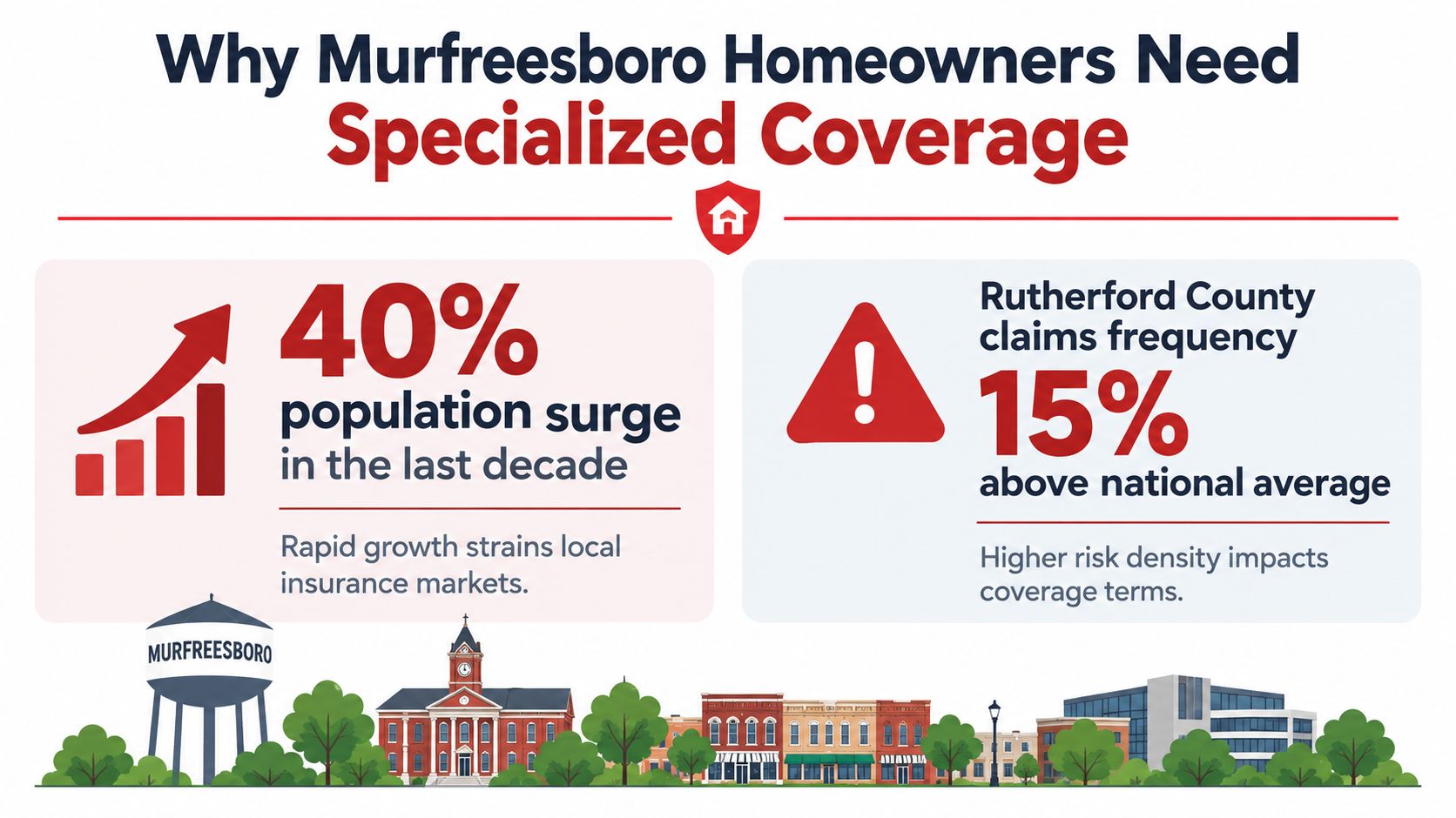 An infographic showing that Murfreesboro homeowners need specialized insurance coverage due to rapid population growth and high claims.