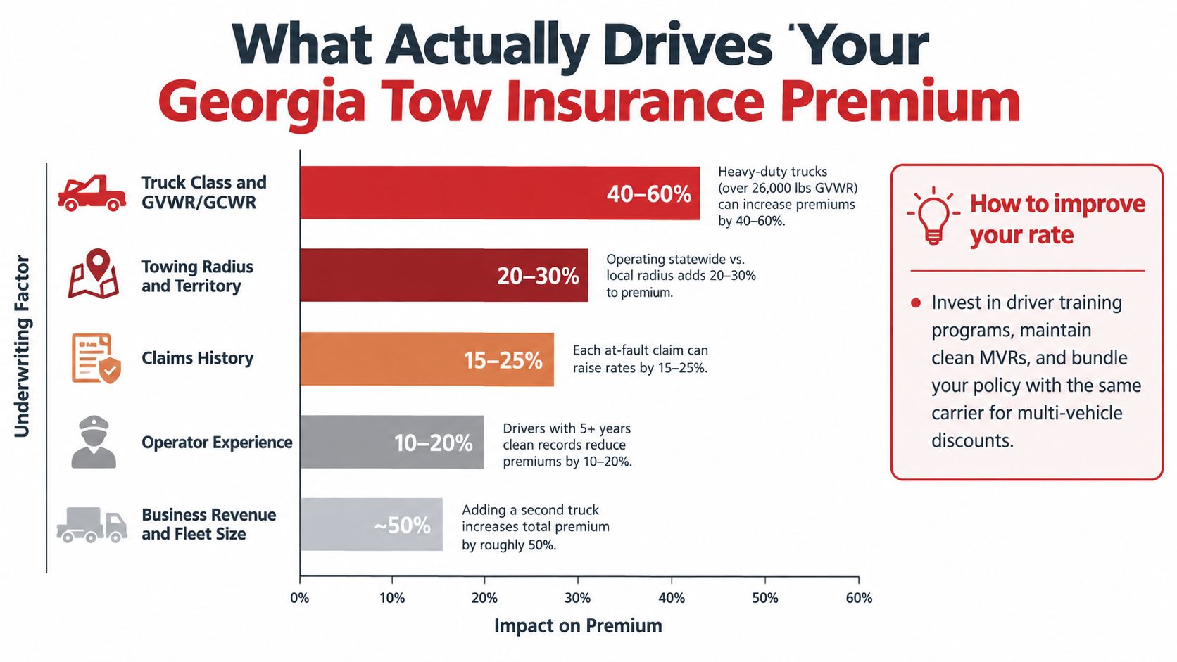 A chart illustrating the key factors that influence tow truck insurance premiums for businesses in Georgia.