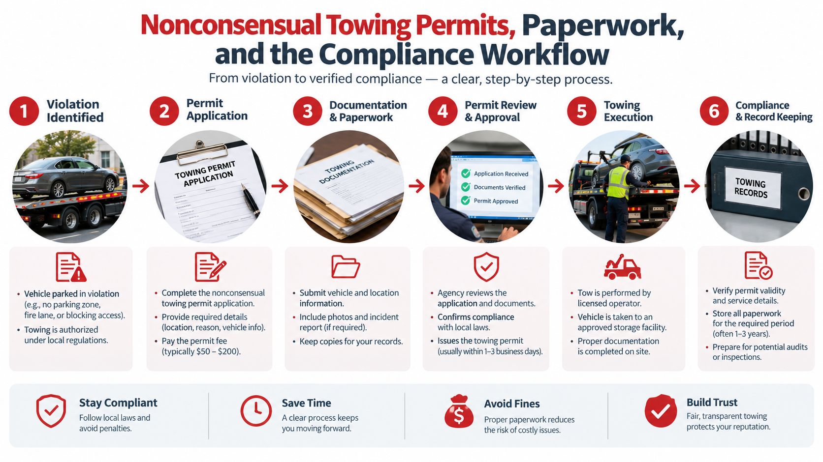 A six-step infographic detailing the workflow for obtaining nonconsensual towing permits and maintaining proper documentation for compliance.